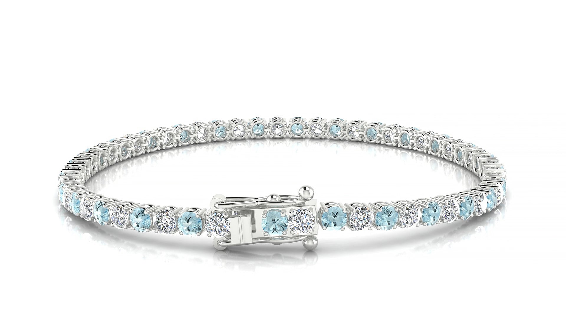 Capri 1-1 | 18k White Gold 3 mm Round Natural Aquamarine & Diamond 16 cm Tennis Bracelet