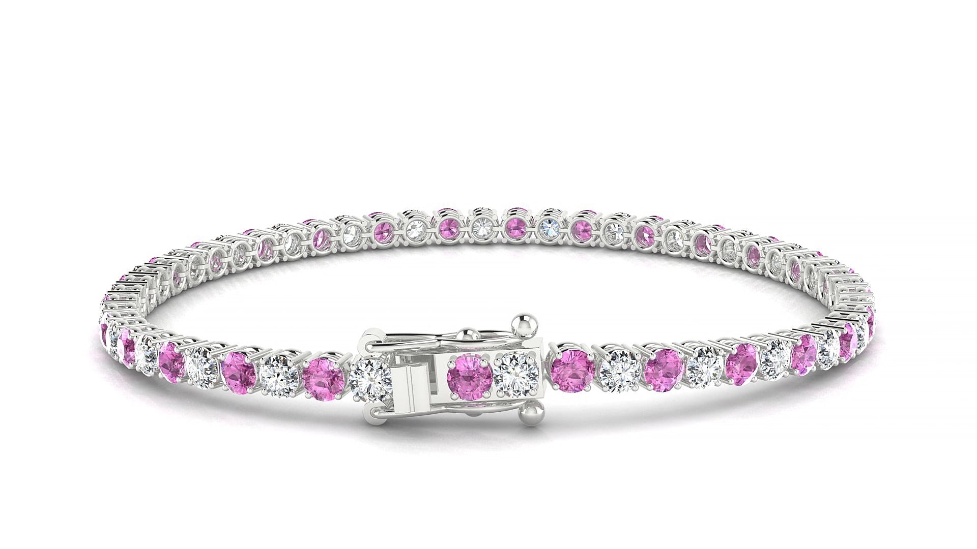 Capri 1-1 | 18k White Gold 3 mm Round Natural Pink Sapphire & Diamond 16 cm Tennis Bracelet