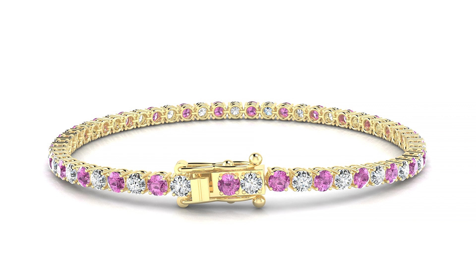 Capri 1-1 | 18k Yellow Gold 3 mm Round Natural Pink Sapphire & Diamond 17 cm Tennis Bracelet