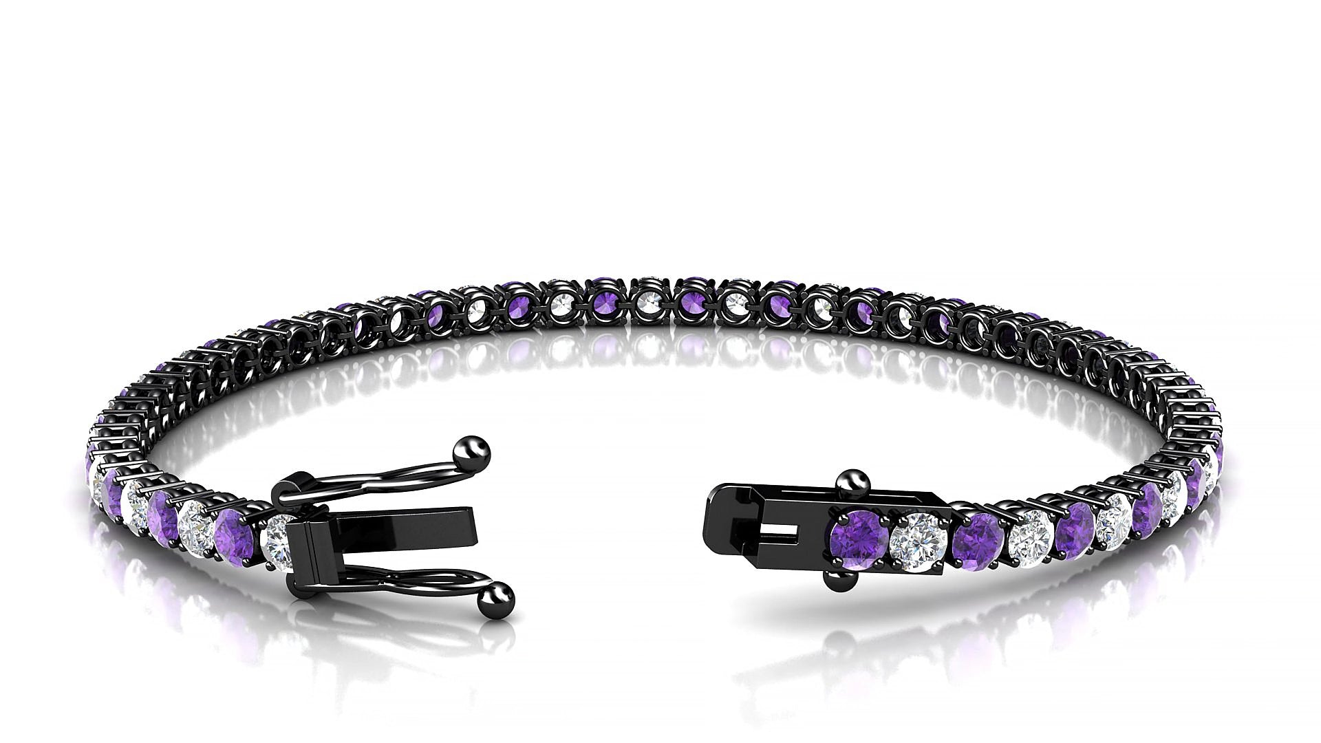 Capri 1-1 | 18k Black Gold 3 mm Round Natural Amethyst & Diamond 19 cm Tennis Bracelet