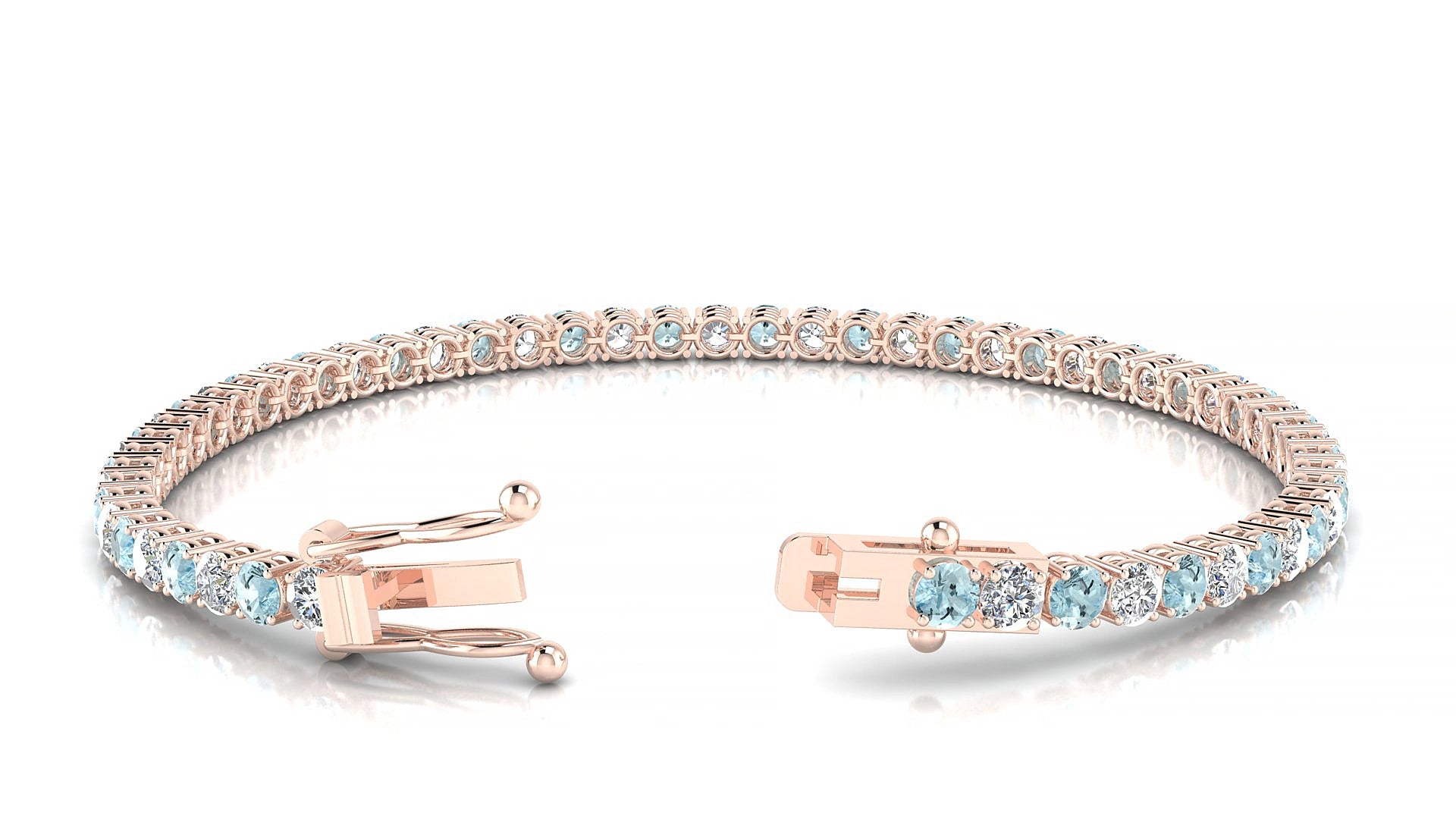 Capri 1-1 | 18k Rose Gold 3 mm Round Natural Aquamarine & Diamond 15 cm Tennis Bracelet
