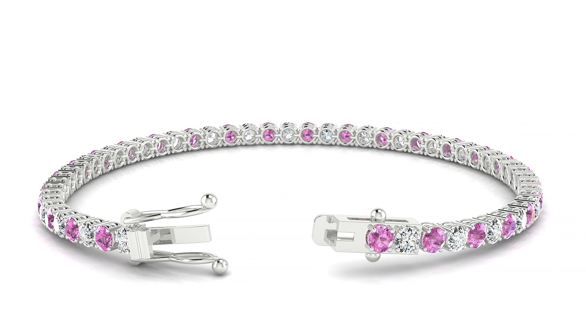 Capri 1-1 | 18k White Gold 3 mm Round Natural Pink Sapphire & Diamond 16 cm Tennis Bracelet