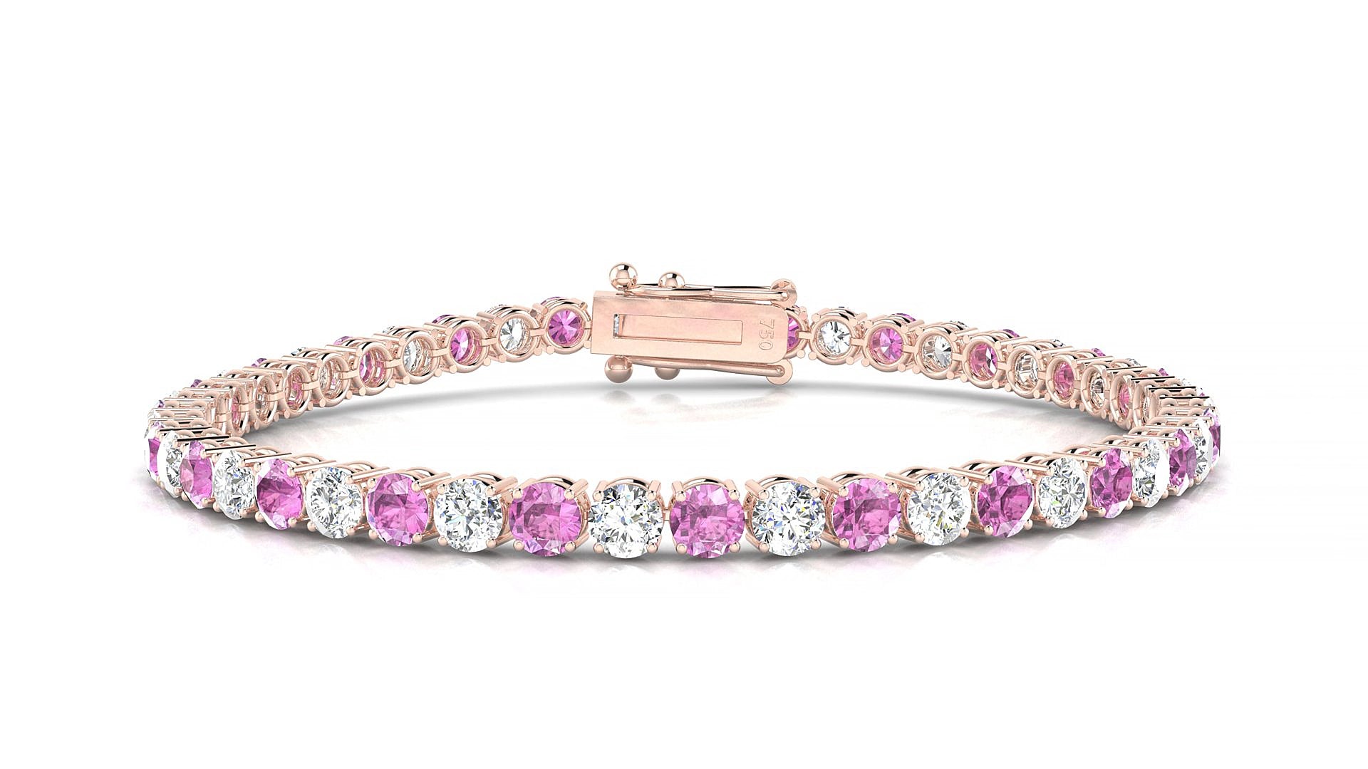 Capri 1-1 | 18k Rose Gold 3.4 mm Round Natural Pink Sapphire & Diamond 20 cm Tennis Bracelet