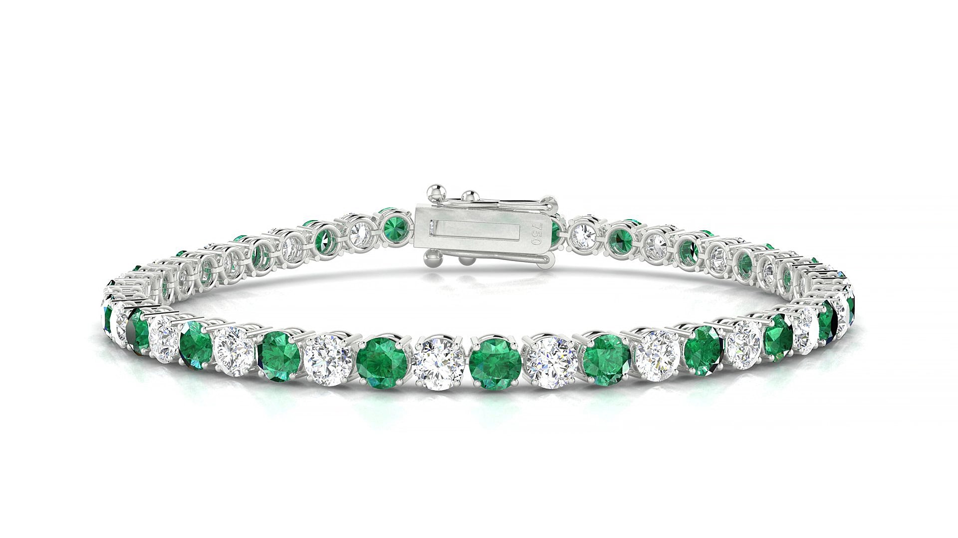 Capri 1-1 | 18k White Gold 3.4 mm Round Natural Emerald & Diamond 15 cm Tennis Bracelet