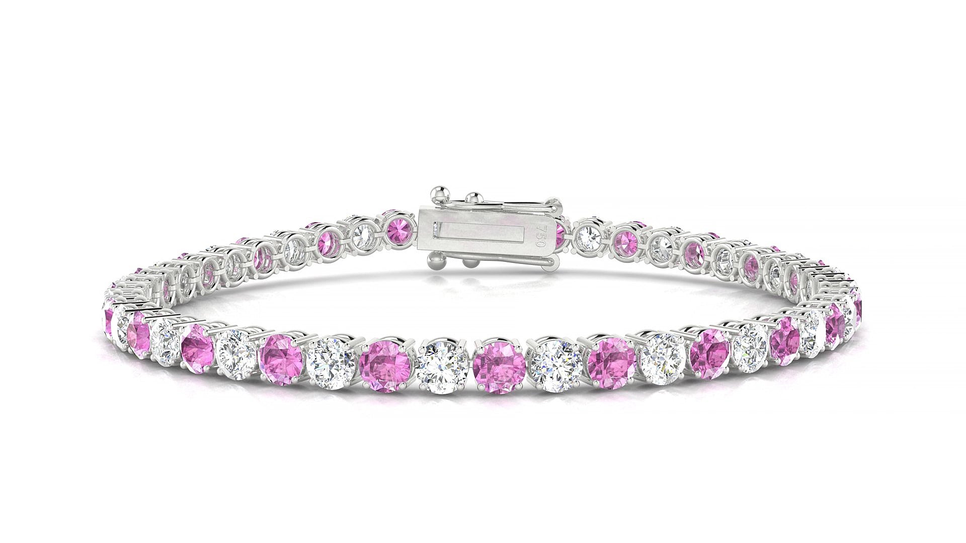 Capri 1-1 | 18k White Gold 3.4 mm Round Natural Pink Sapphire & Diamond 15 cm Tennis Bracelet