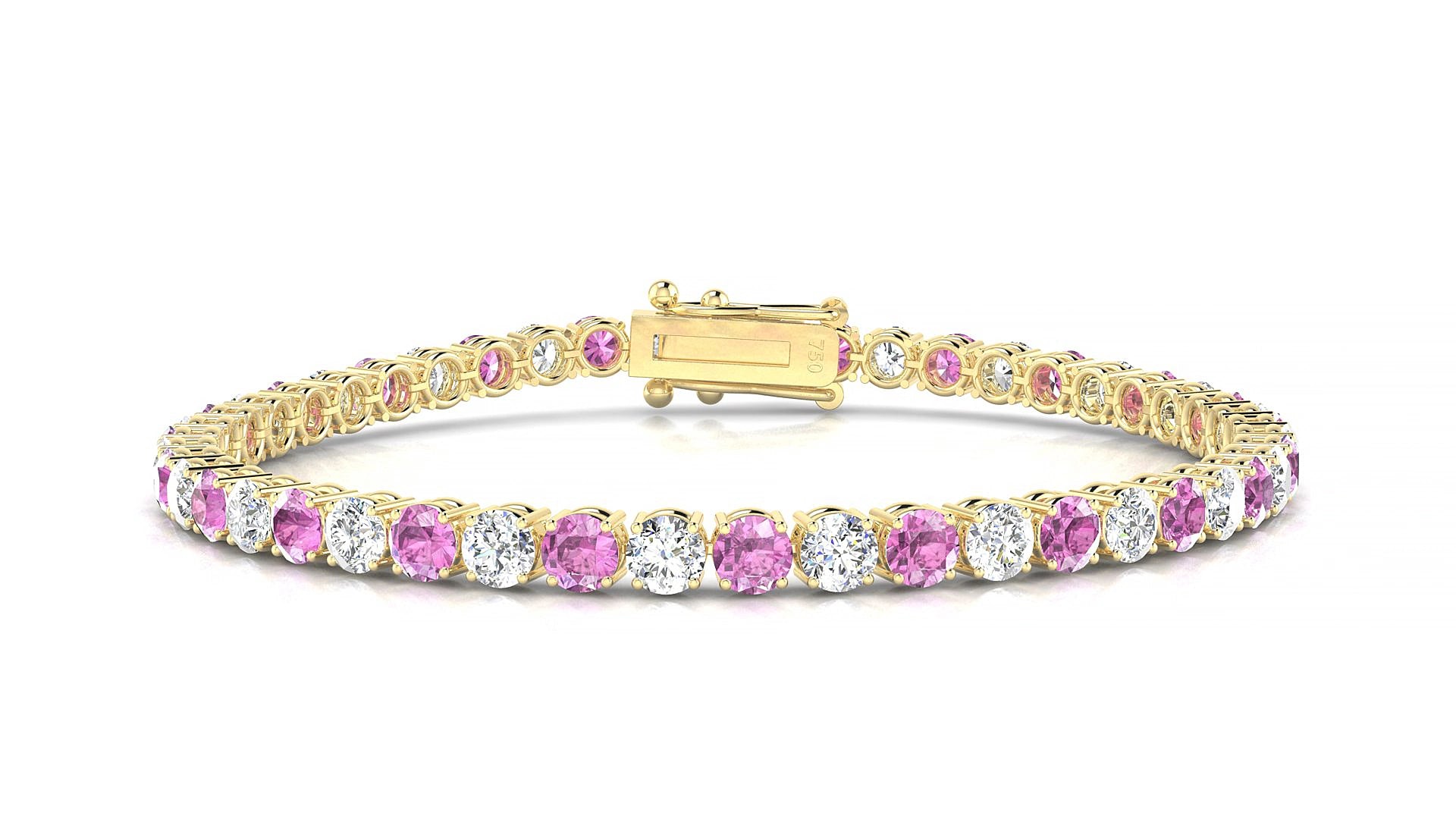 Capri 1-1 | 18k Yellow Gold 3.4 mm Round Natural Pink Sapphire & Diamond 15 cm Tennis Bracelet
