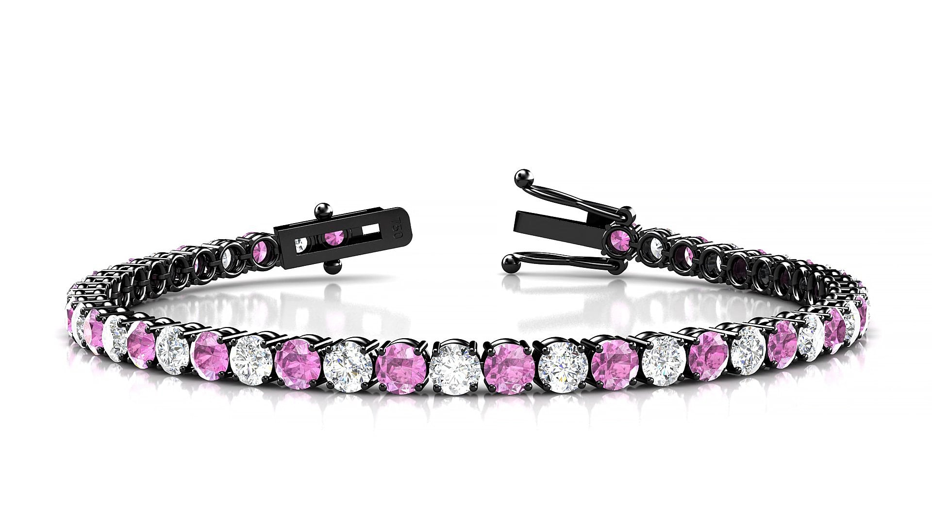 Capri 1-1 | 18k Black Gold 3.4 mm Round Natural Pink Sapphire & Diamond 17 cm Tennis Bracelet