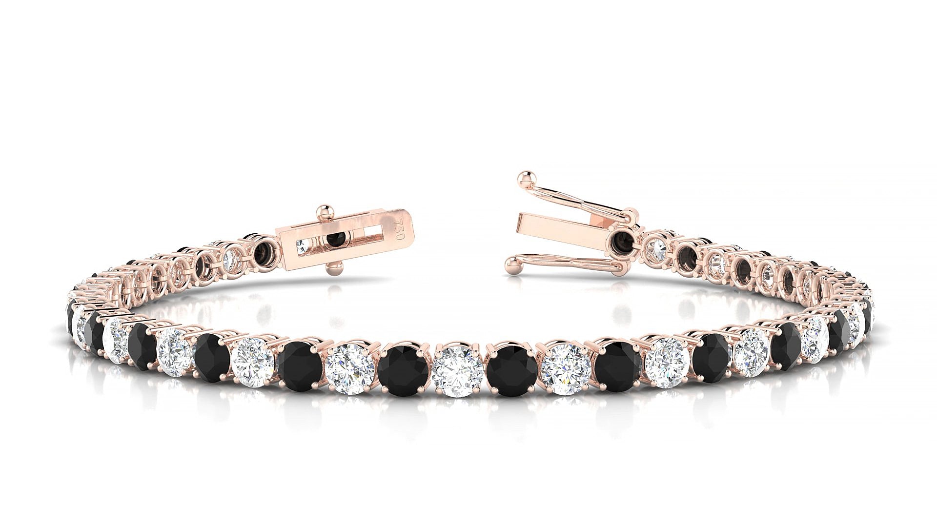 Capri 1-1 | 18k Rose Gold 3.4 mm Round Natural Black Diamond & Diamond 19 cm Tennis Bracelet