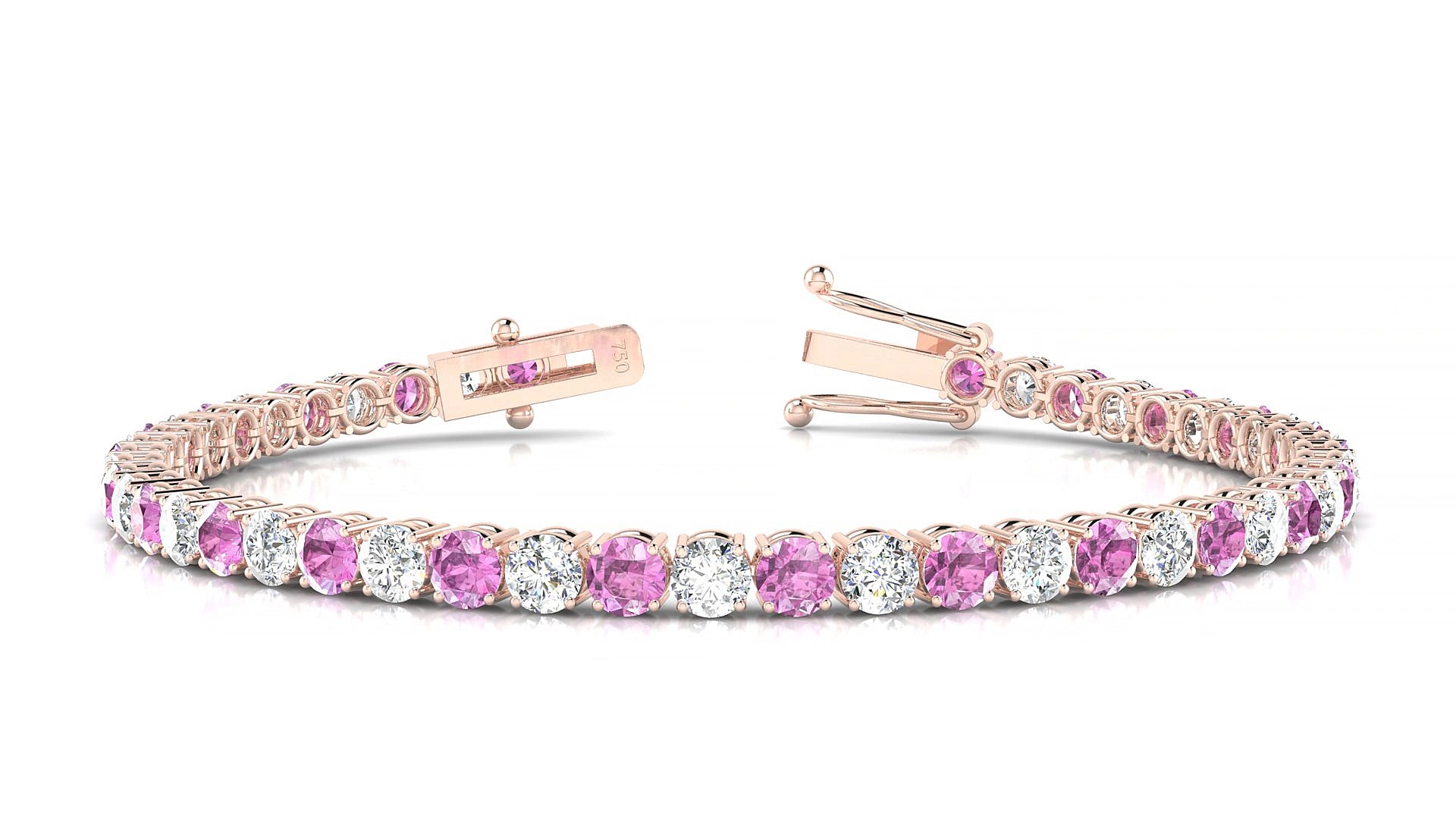 Capri 1-1 | 18k Rose Gold 3.4 mm Round Natural Pink Sapphire & Diamond 15 cm Tennis Bracelet