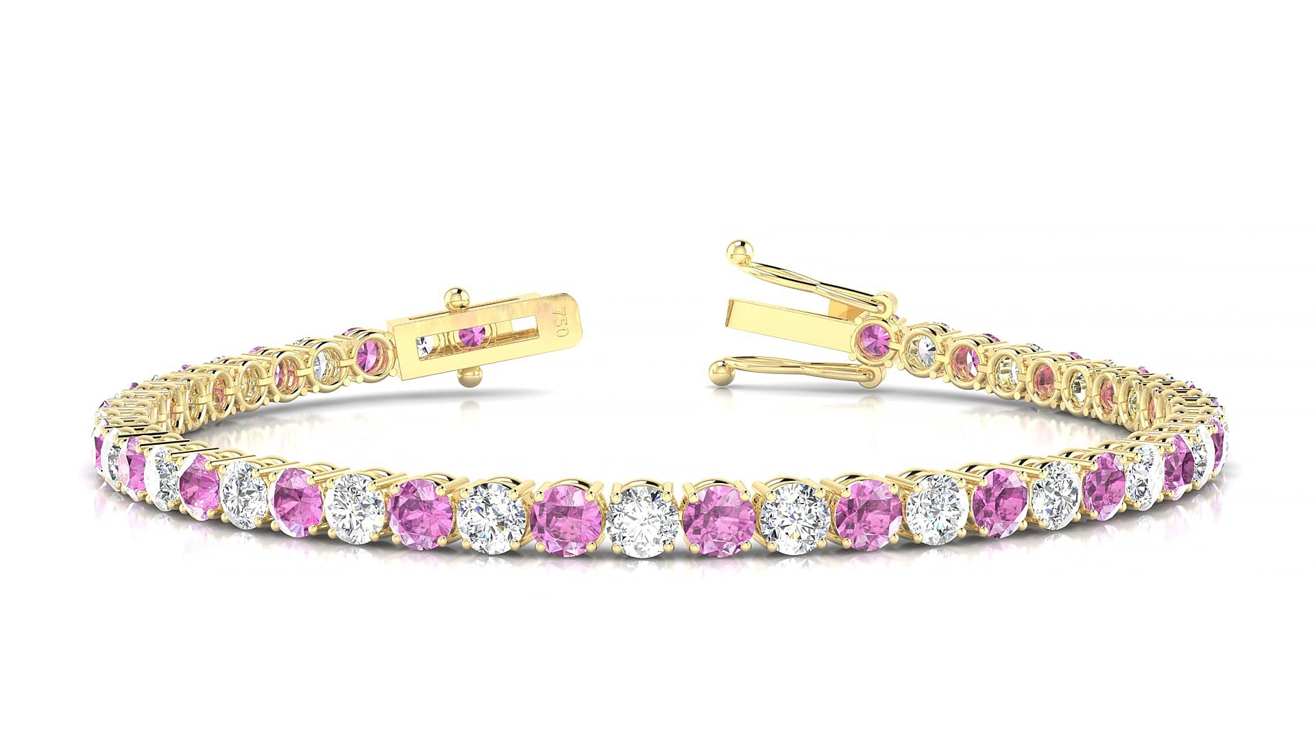 Capri 1-1 | 18k Yellow Gold 3.4 mm Round Natural Pink Sapphire & Diamond 15 cm Tennis Bracelet