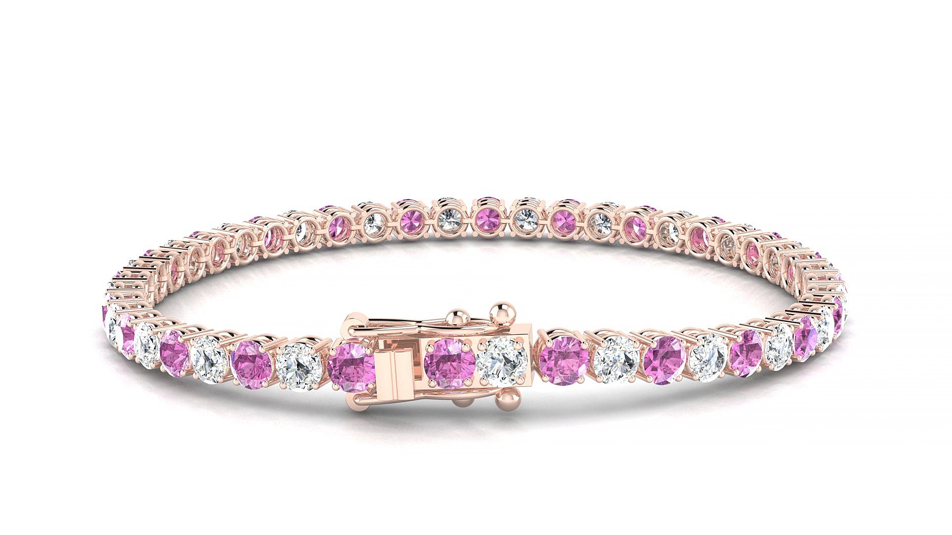 Capri 1-1 | 18k Rose Gold 3.4 mm Round Natural Pink Sapphire & Diamond 15 cm Tennis Bracelet