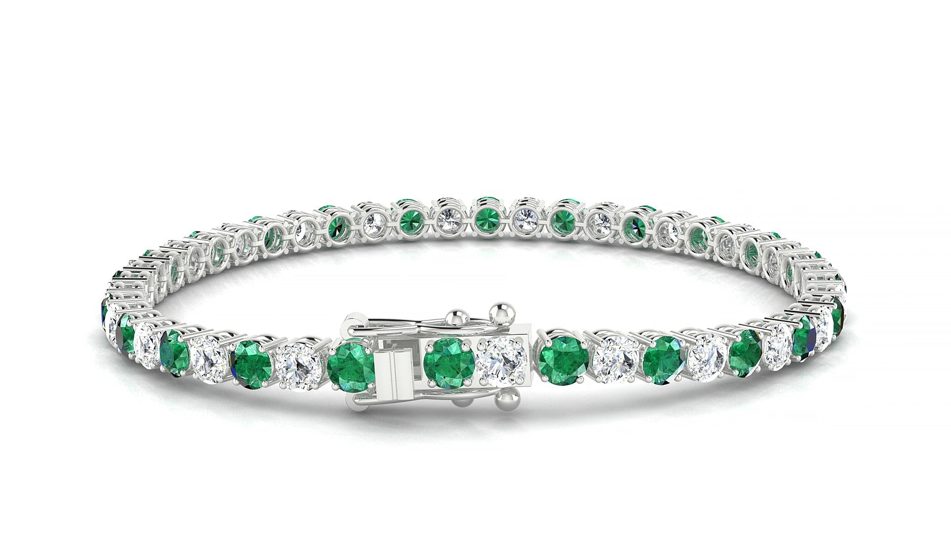 Capri 1-1 | 18k White Gold 3.4 mm Round Natural Emerald & Diamond 15 cm Tennis Bracelet