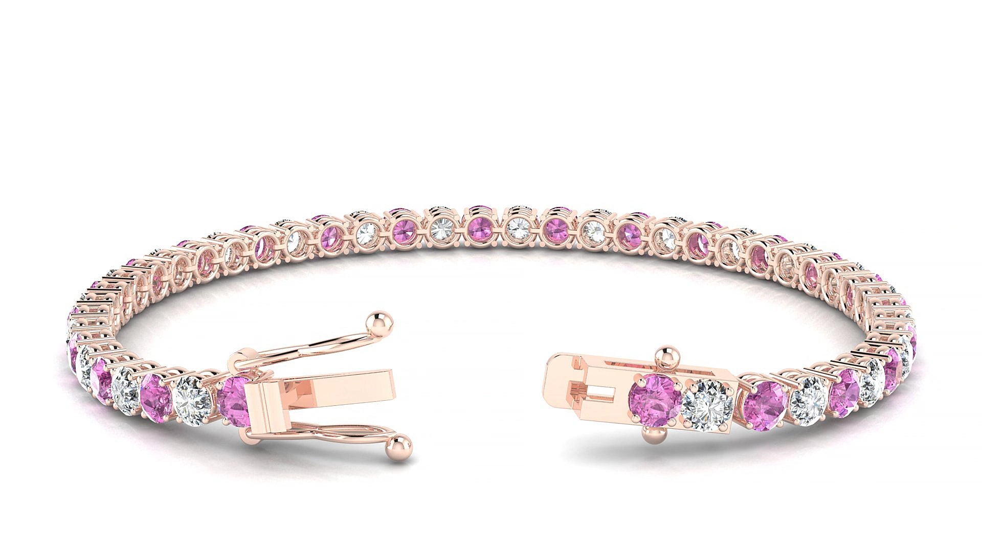 Capri 1-1 | 18k Rose Gold 3.4 mm Round Natural Pink Sapphire & Diamond 20 cm Tennis Bracelet