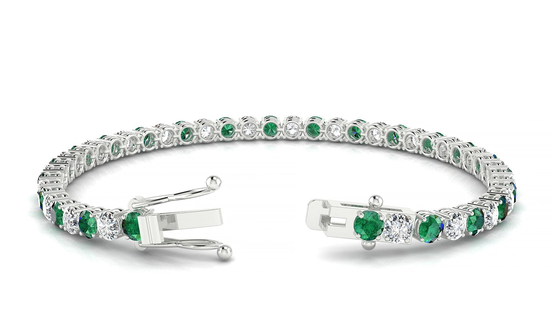 Capri 1-1 | 18k White Gold 3.4 mm Round Natural Emerald & Diamond 15 cm Tennis Bracelet