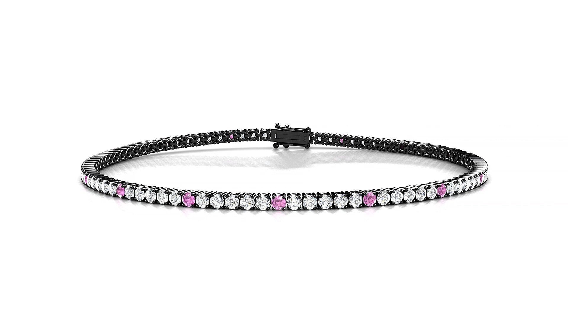 Capri 1-5 | 18k Black Gold 1.7 mm Round Natural Pink Sapphire & Diamond 18 cm Tennis Bracelet