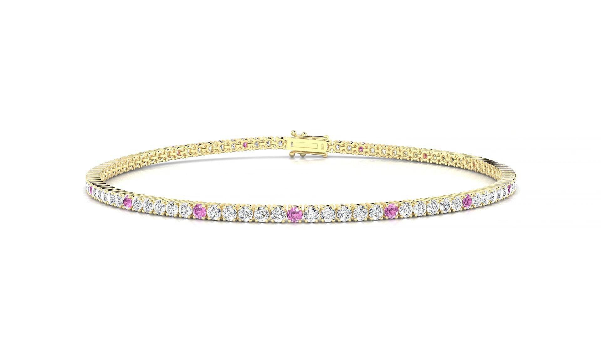 Capri 1-5 | 18k Yellow Gold 1.7 mm Round Natural Pink Sapphire & Diamond 18 cm Tennis Bracelet