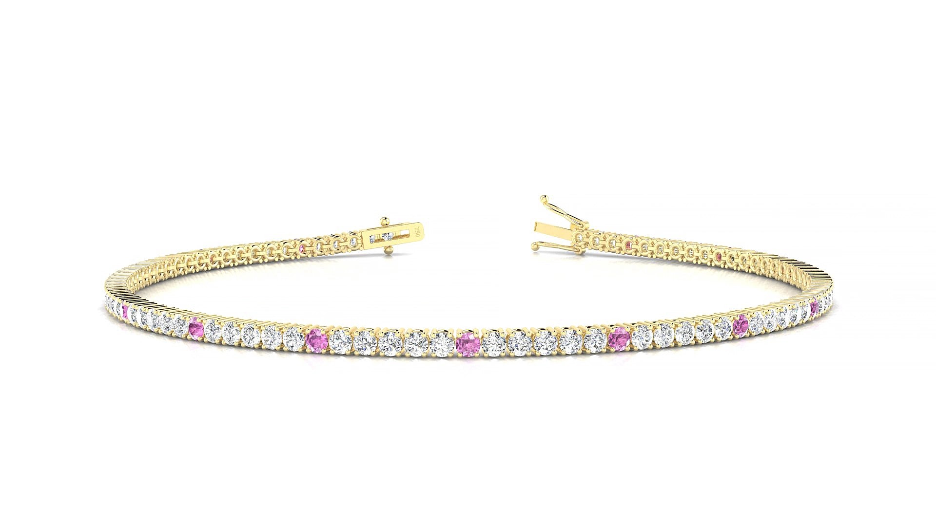 Capri 1-5 | 18k Yellow Gold 1.7 mm Round Natural Pink Sapphire & Diamond 19 cm Tennis Bracelet