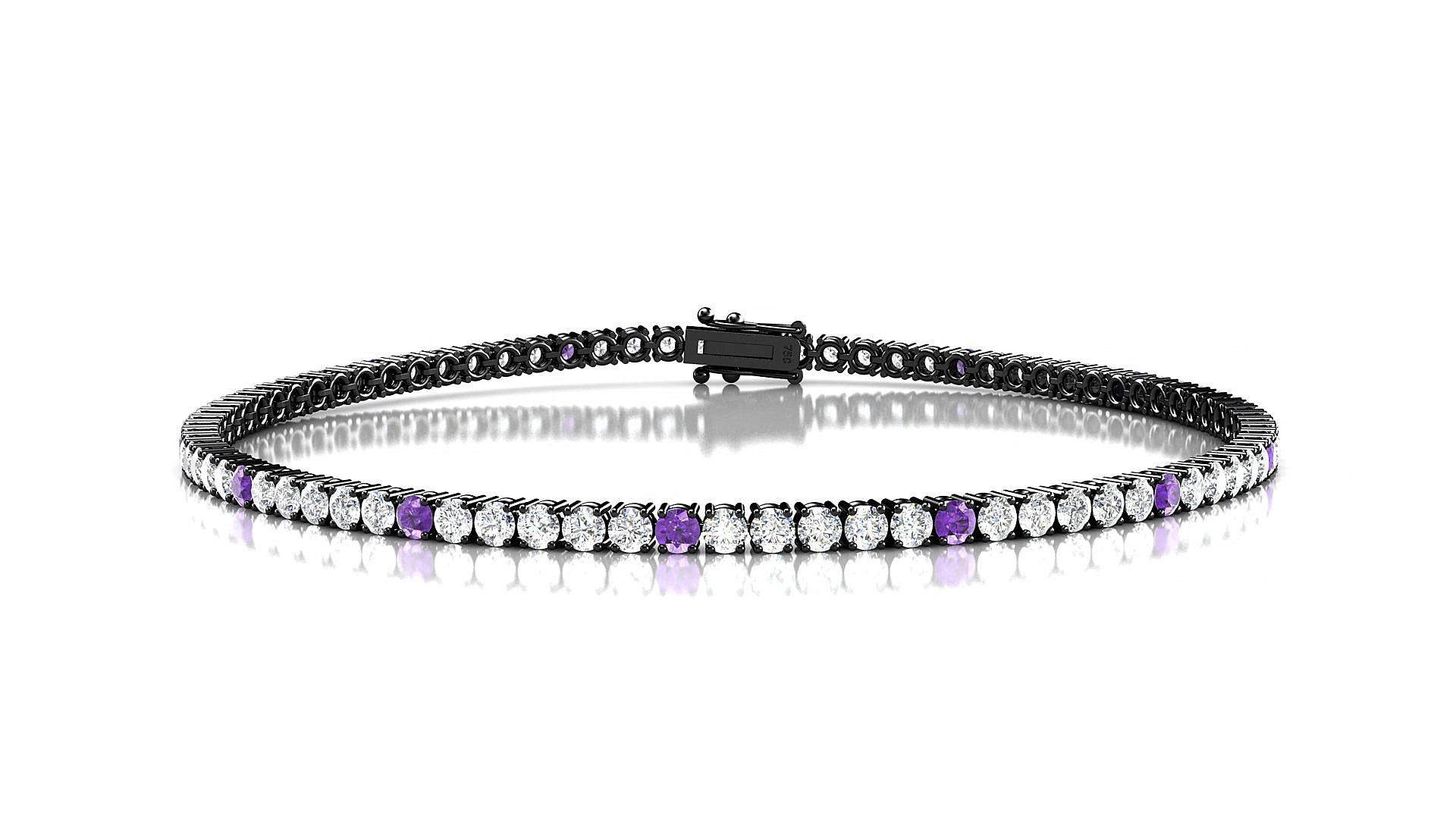 Capri 1-5 | 18k Black Gold 2 mm Round Natural Amethyst & Diamond 15 cm Tennis Bracelet