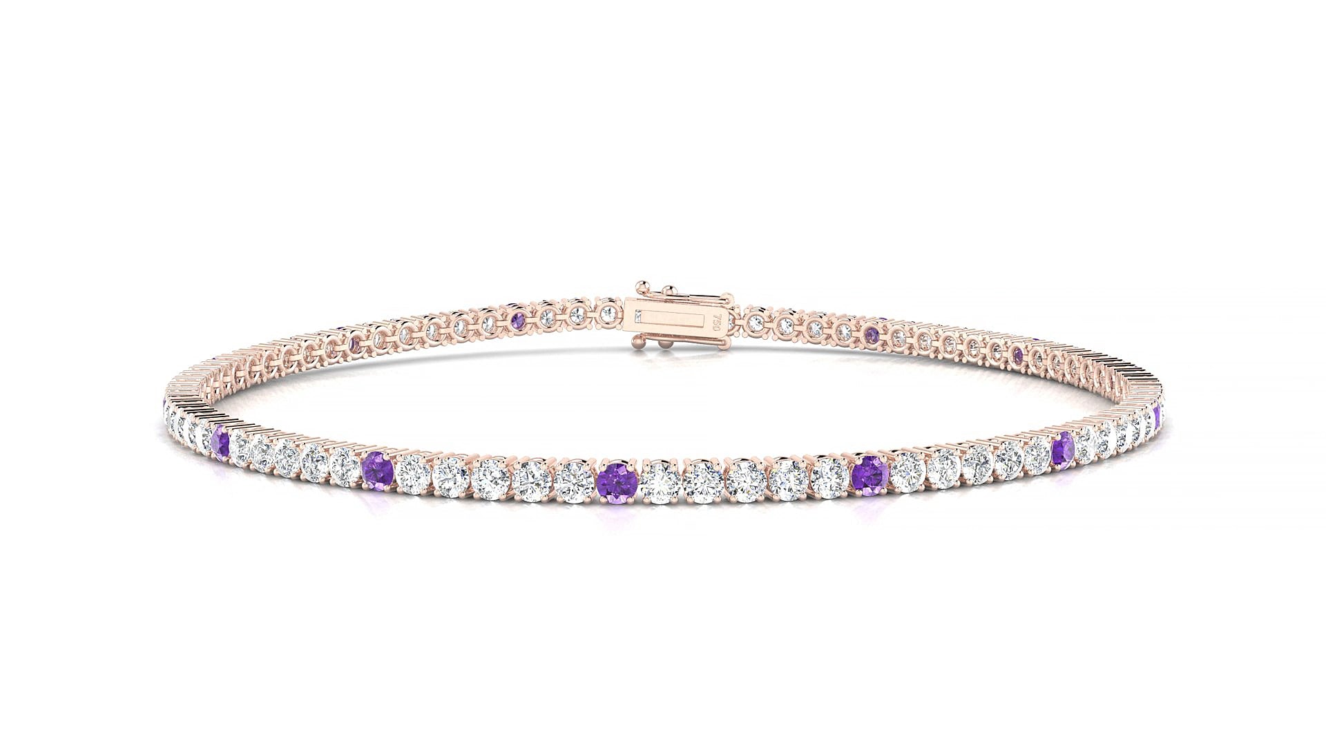 Capri 1-5 | 18k Rose Gold 2 mm Round Natural Amethyst & Diamond 20 cm Tennis Bracelet