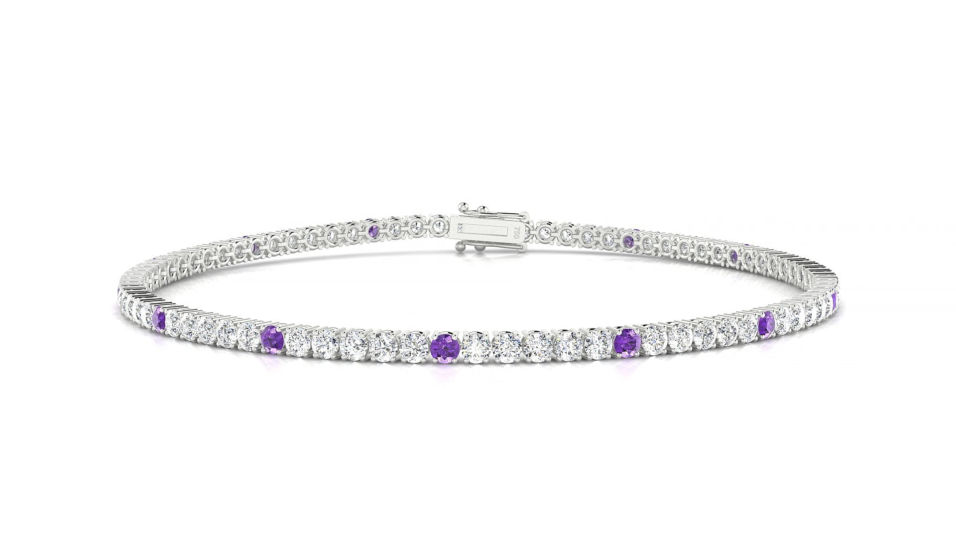 Capri 1-5 | 18k White Gold 2 mm Round Natural Amethyst & Diamond 15 cm Tennis Bracelet