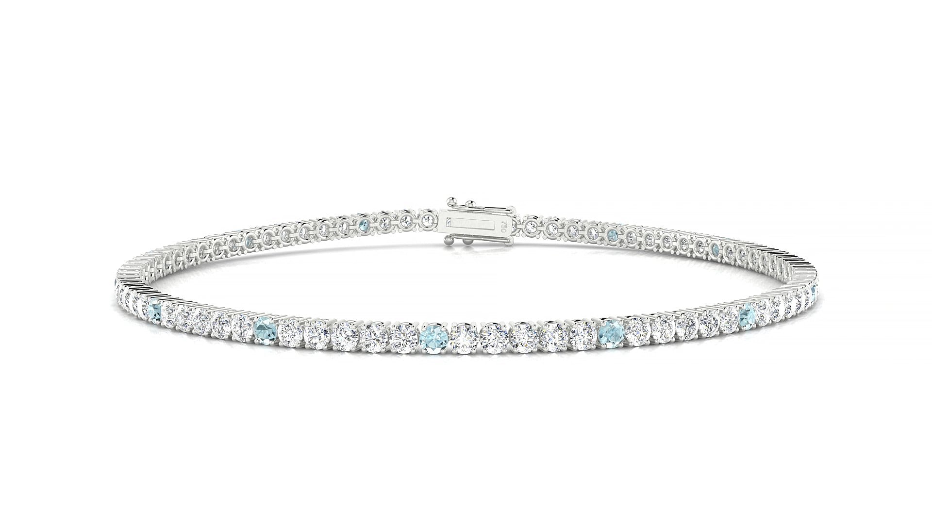 Capri 1-5 | 18k White Gold 2 mm Round Natural Aquamarine & Diamond 15 cm Tennis Bracelet