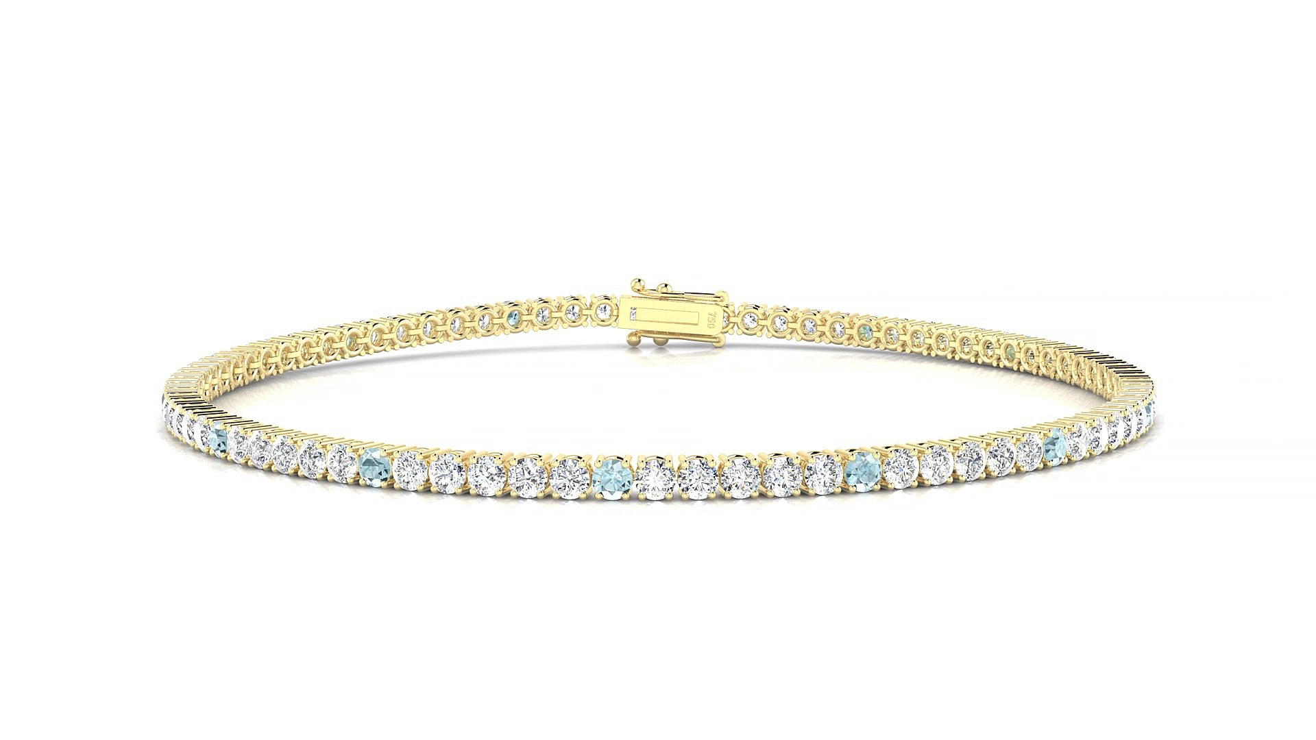 Capri 1-5 | 18k Yellow Gold 2 mm Round Natural Aquamarine & Diamond 15 cm Tennis Bracelet