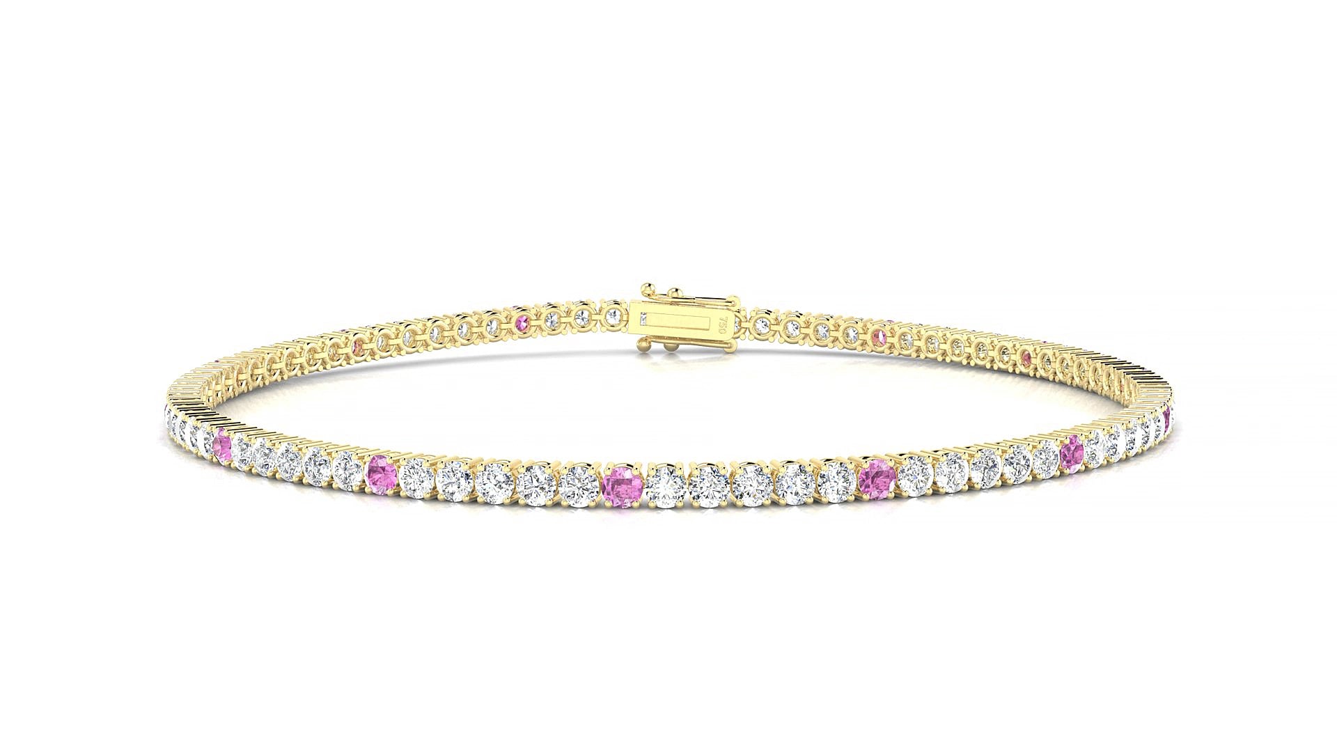 Capri 1-5 | 18k Yellow Gold 2 mm Round Natural Pink Sapphire & Diamond 15 cm Tennis Bracelet