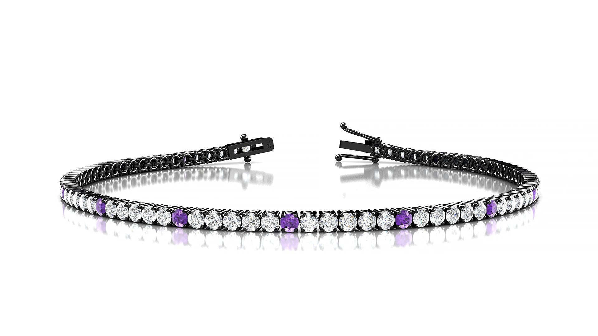 Capri 1-5 | 18k Black Gold 2 mm Round Natural Amethyst & Diamond 17 cm Tennis Bracelet