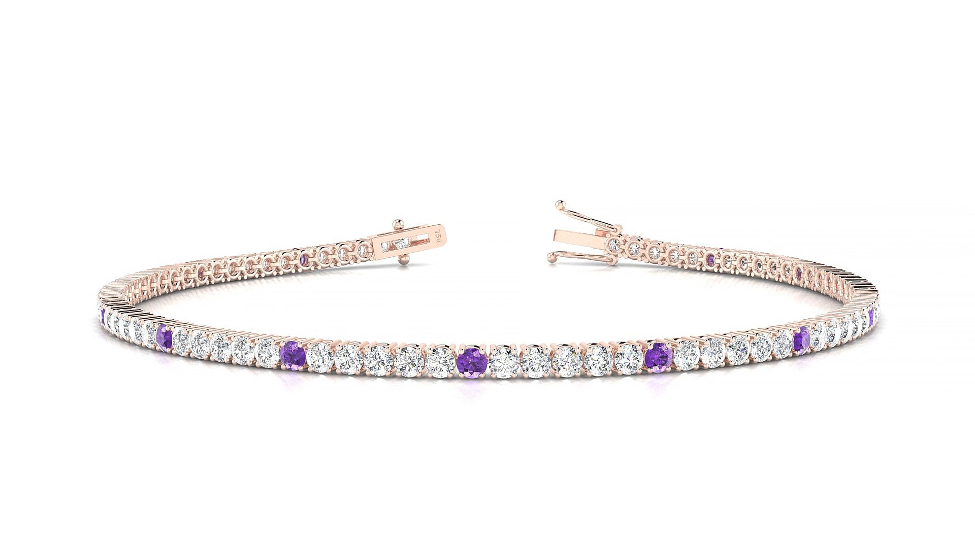 Capri 1-5 | 18k Rose Gold 2 mm Round Natural Amethyst & Diamond 15 cm Tennis Bracelet
