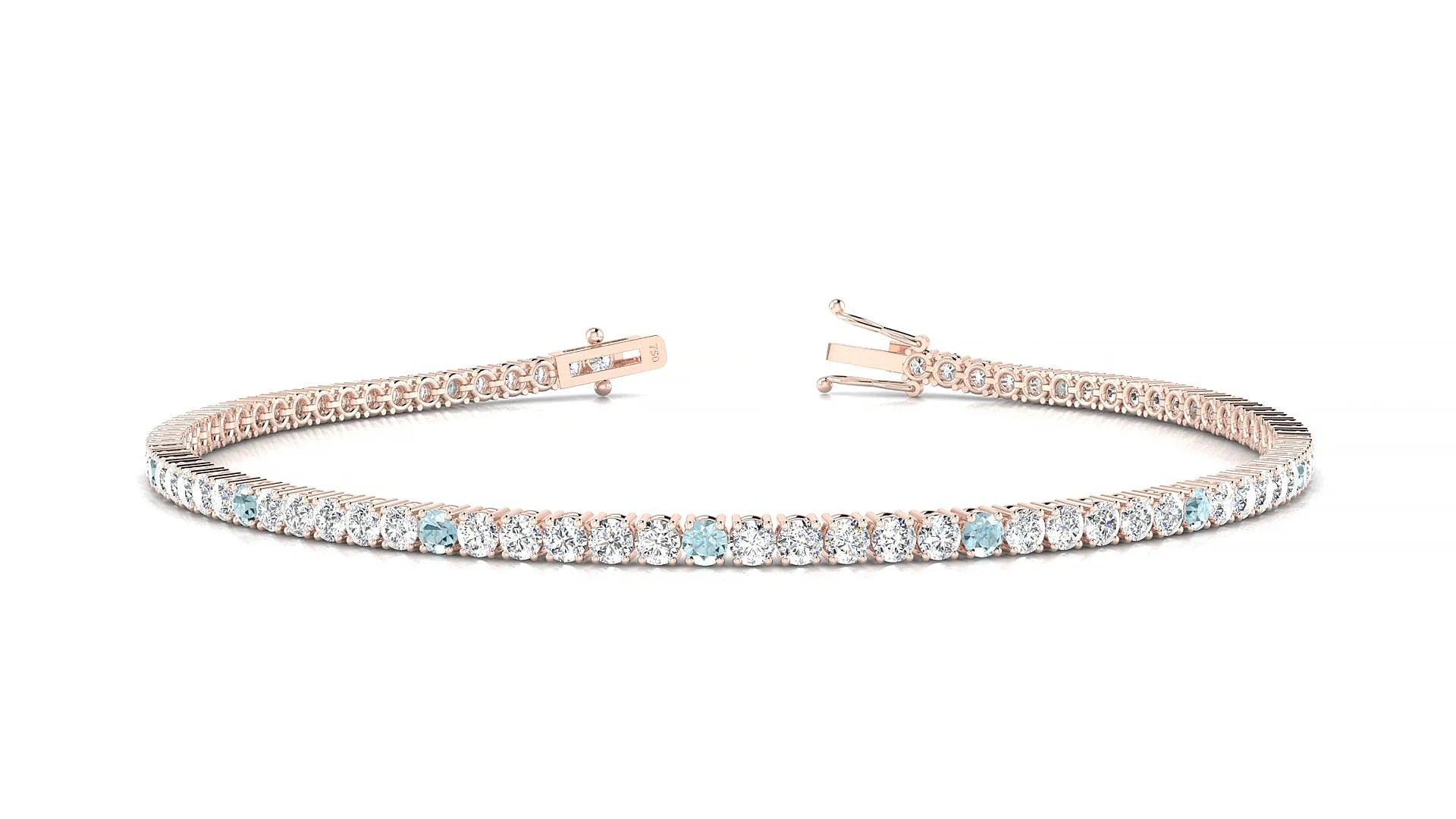 Capri 1-5 | 18k Rose Gold 2 mm Round Natural Aquamarine & Diamond Tennis Bracelet