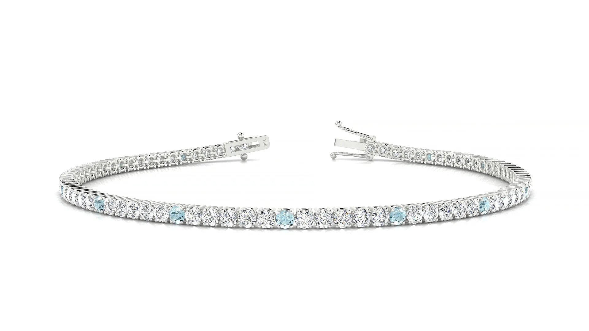Capri 1-5 | 18k White Gold 2 mm Round Natural Aquamarine & Diamond Tennis Bracelet