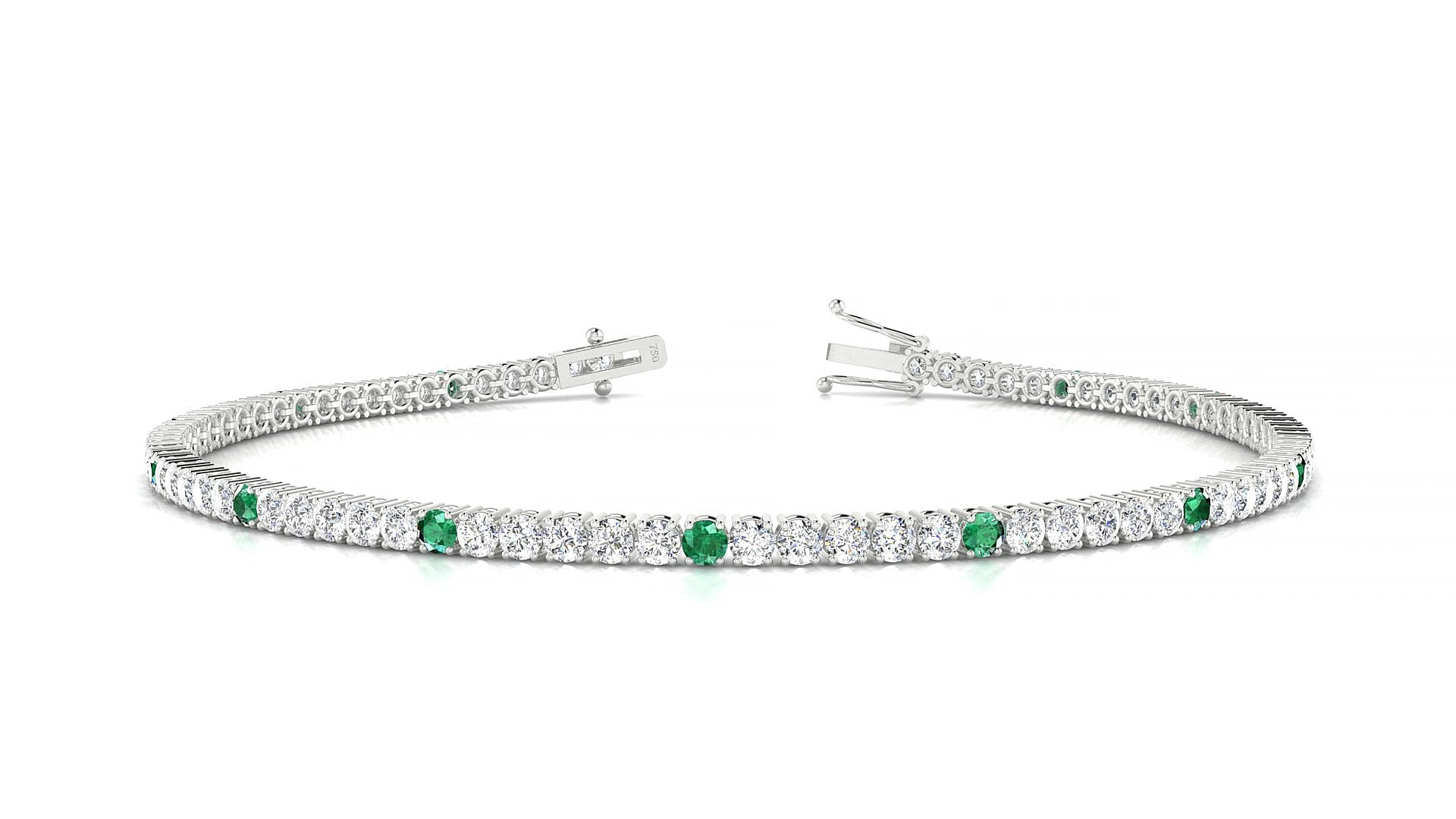 Capri 1-5 | 18k White Gold 2 mm Round Natural Emerald & Diamond 19 cm Tennis Bracelet