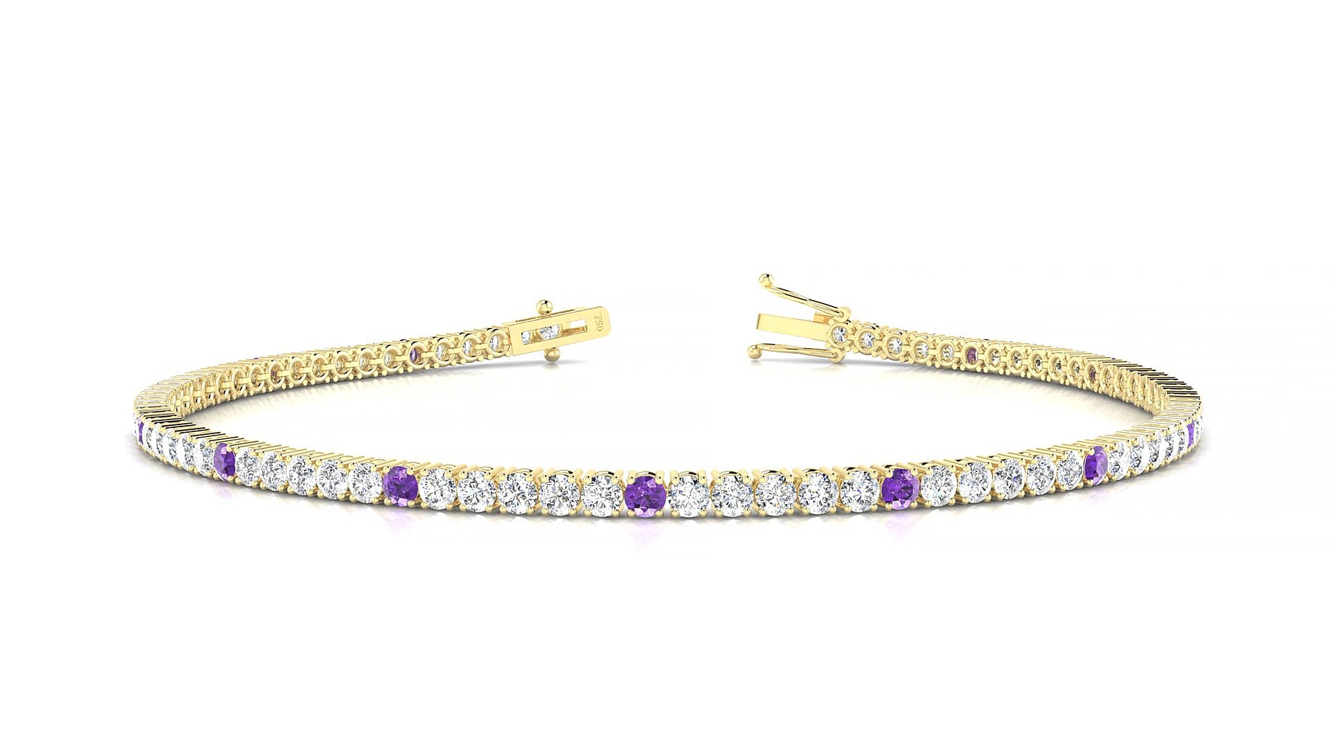 Capri 1-5 | 18k Yellow Gold 2 mm Round Natural Amethyst & Diamond 18 cm Tennis Bracelet