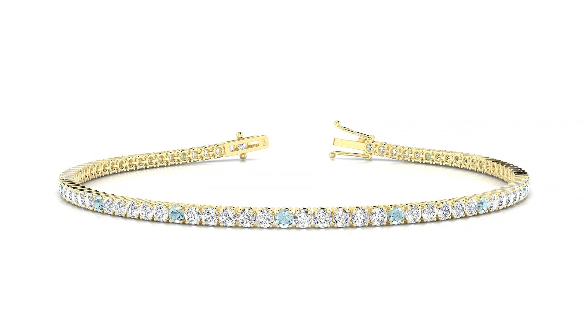 Capri 1-5 | 18k Yellow Gold 2 mm Round Natural Aquamarine & Diamond 18 cm Tennis Bracelet