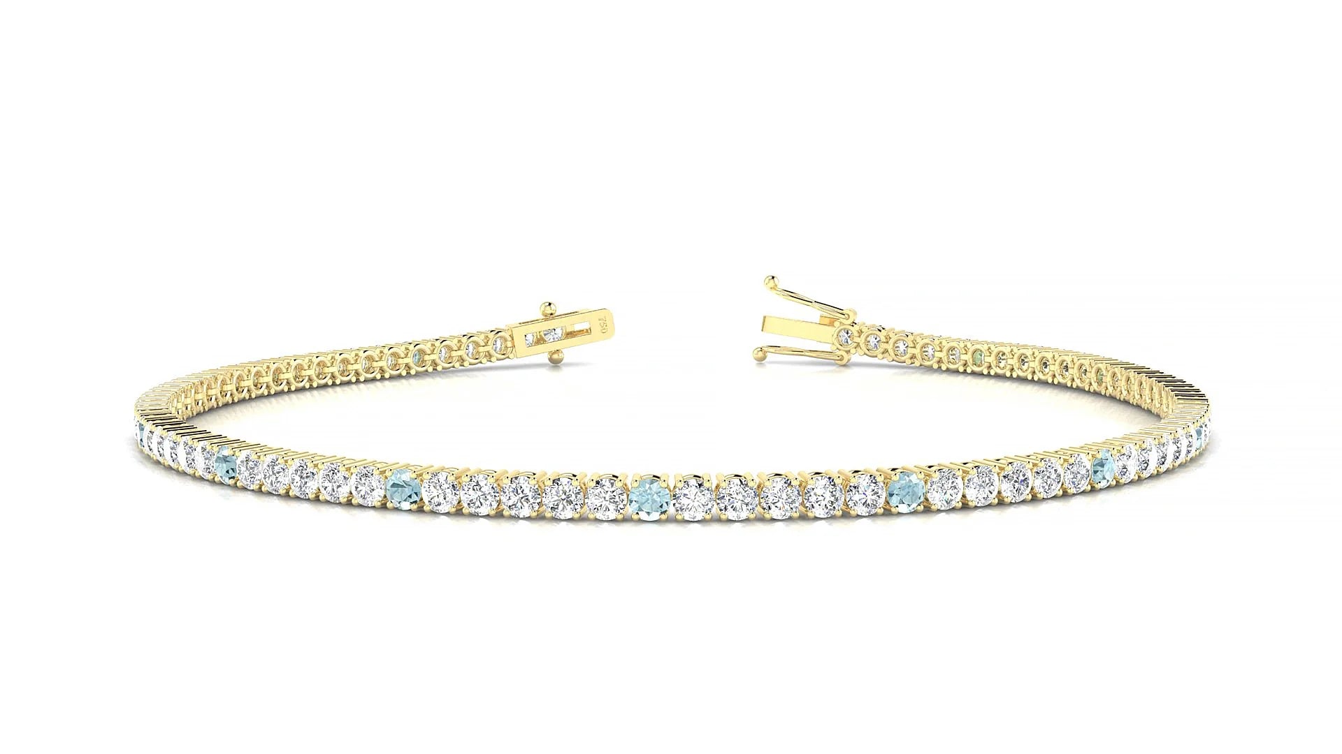 Capri 1-5 | 18k Yellow Gold 2 mm Round Natural Aquamarine & Diamond Tennis Bracelet
