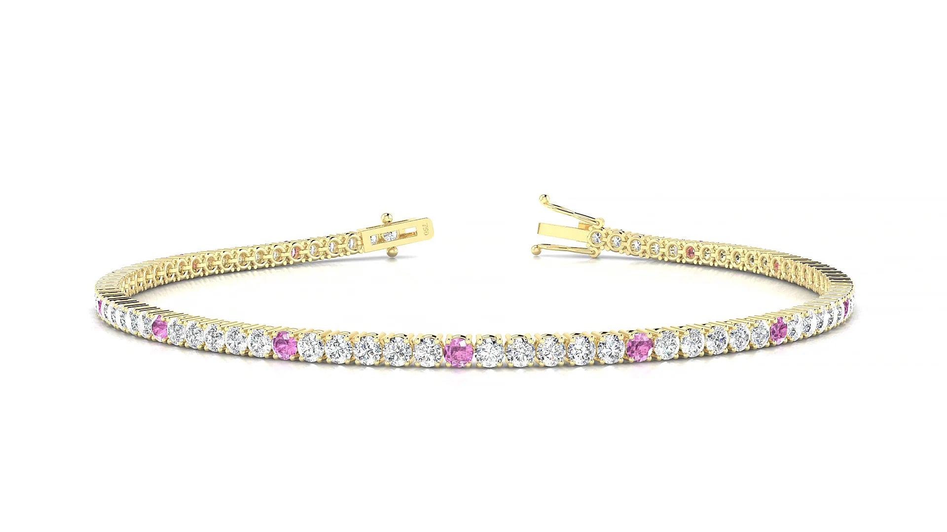 Capri 1-5 | 18k Yellow Gold 2 mm Round Natural Pink Sapphire & Diamond Tennis Bracelet