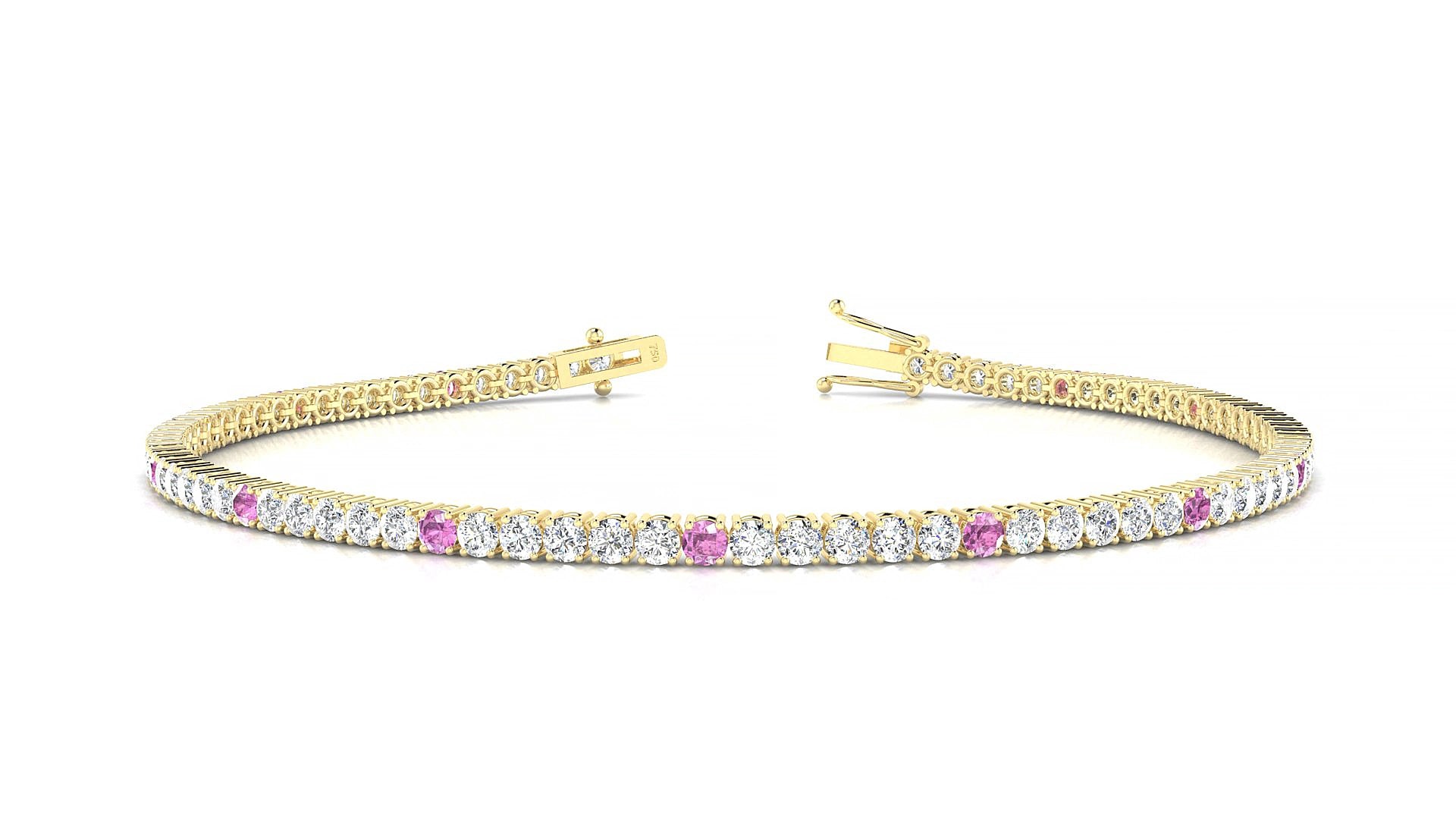 Capri 1-5 | 18k Yellow Gold 2 mm Round Natural Pink Sapphire & Diamond 20 cm Tennis Bracelet