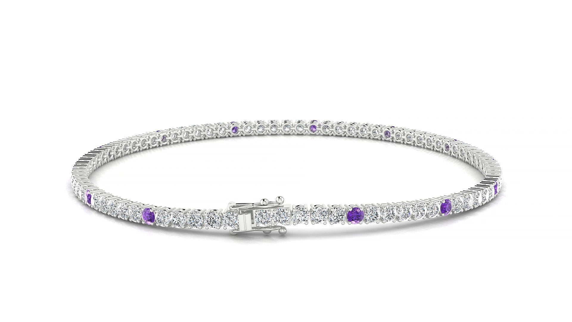 Capri 1-5 | 18k White Gold 2 mm Round Natural Amethyst & Diamond 15 cm Tennis Bracelet