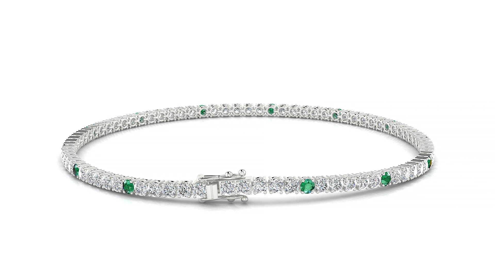 Capri 1-5 | 18k White Gold 2 mm Round Natural Emerald & Diamond 19 cm Tennis Bracelet