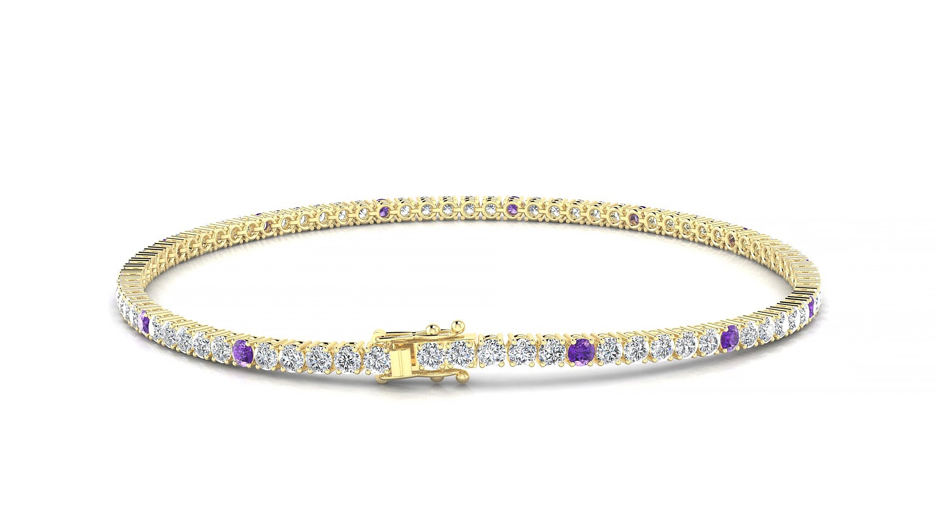 Capri 1-5 | 18k Yellow Gold 2 mm Round Natural Amethyst & Diamond 17 cm Tennis Bracelet