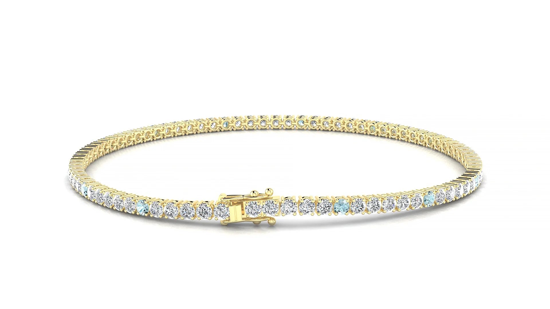 Capri 1-5 | 18k Yellow Gold 2 mm Round Natural Aquamarine & Diamond Tennis Bracelet