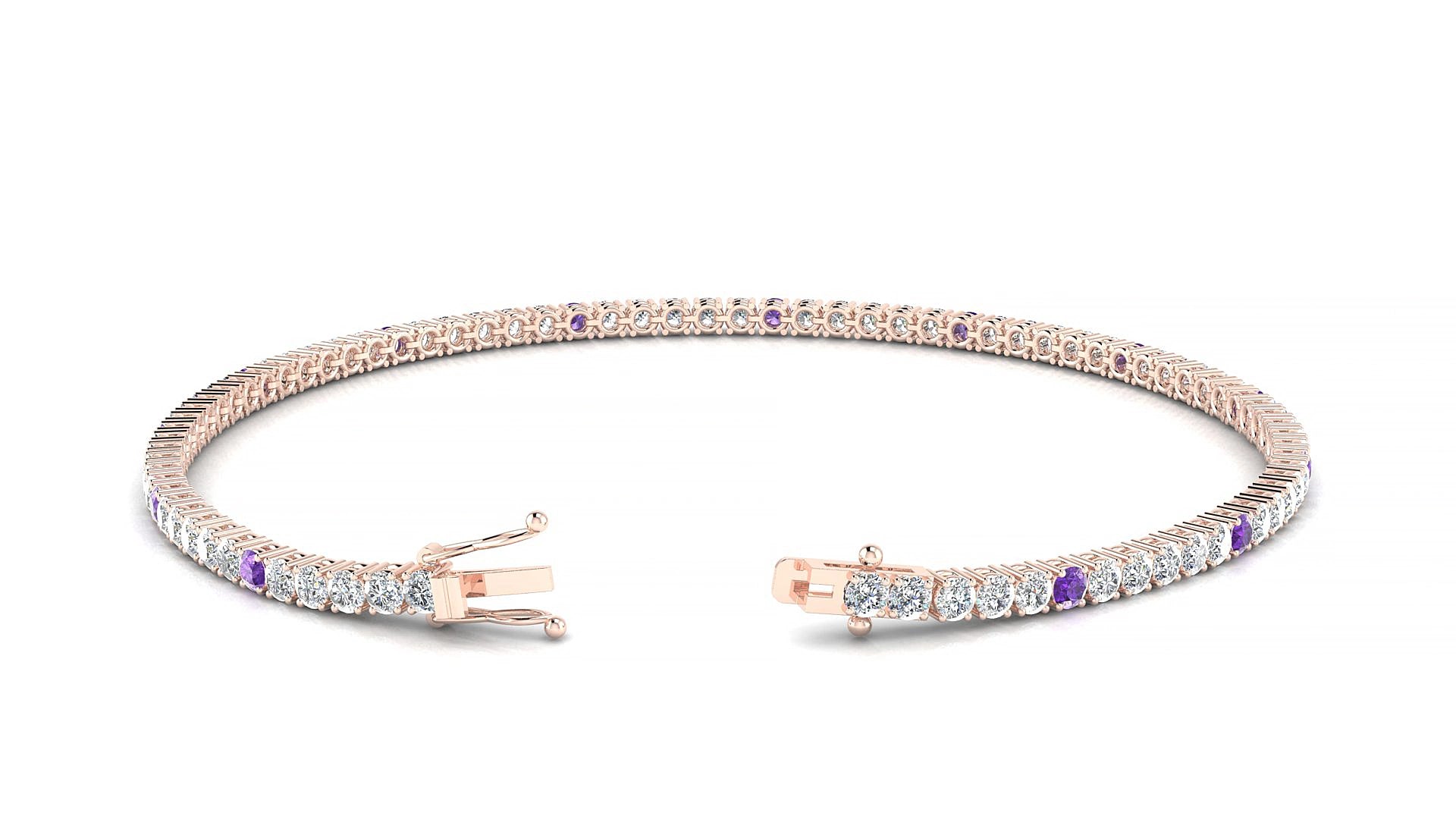 Capri 1-5 | 18k Rose Gold 2 mm Round Natural Amethyst & Diamond 15 cm Tennis Bracelet