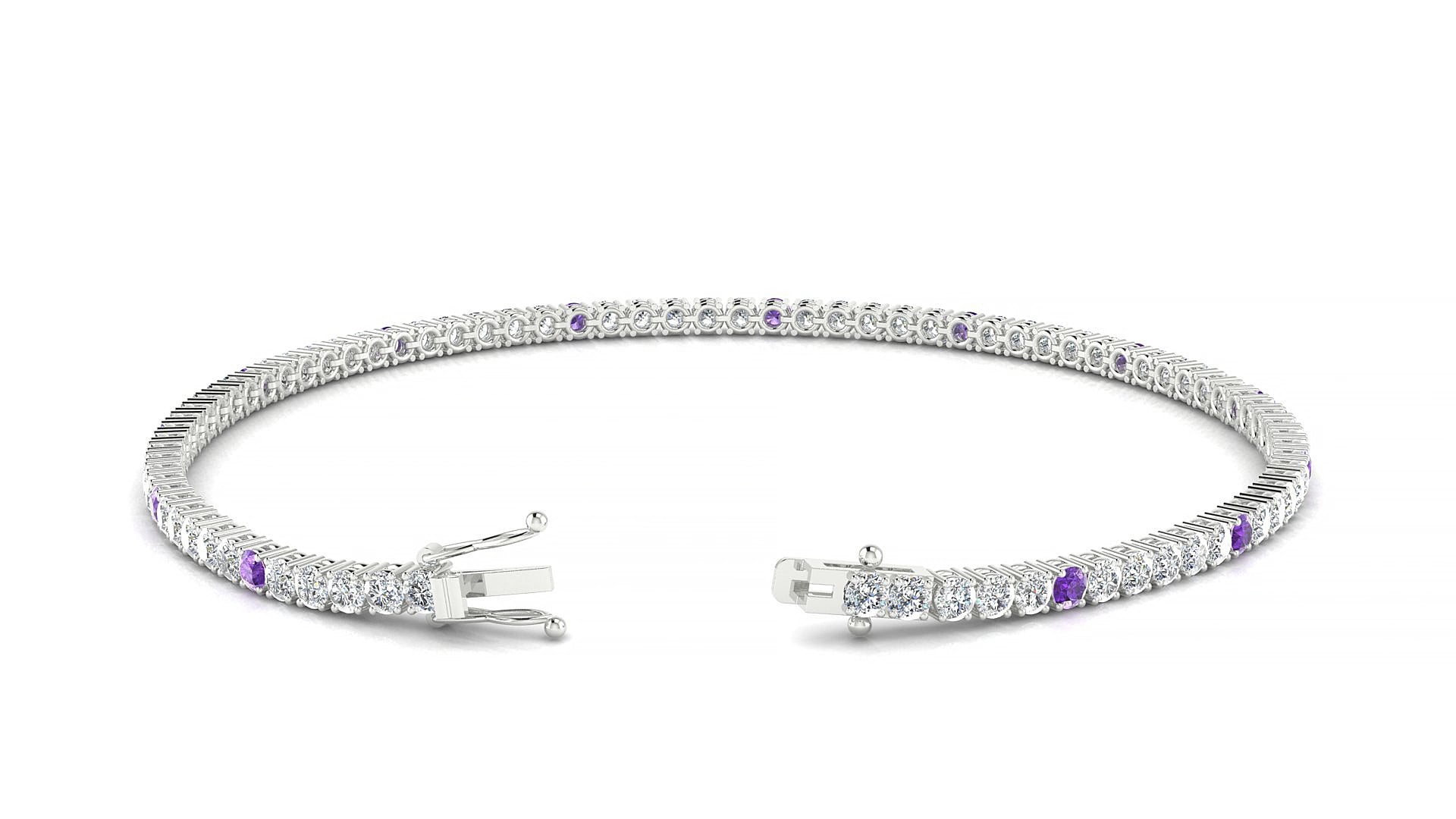 Capri 1-5 | 18k White Gold 2 mm Round Natural Amethyst & Diamond 15 cm Tennis Bracelet