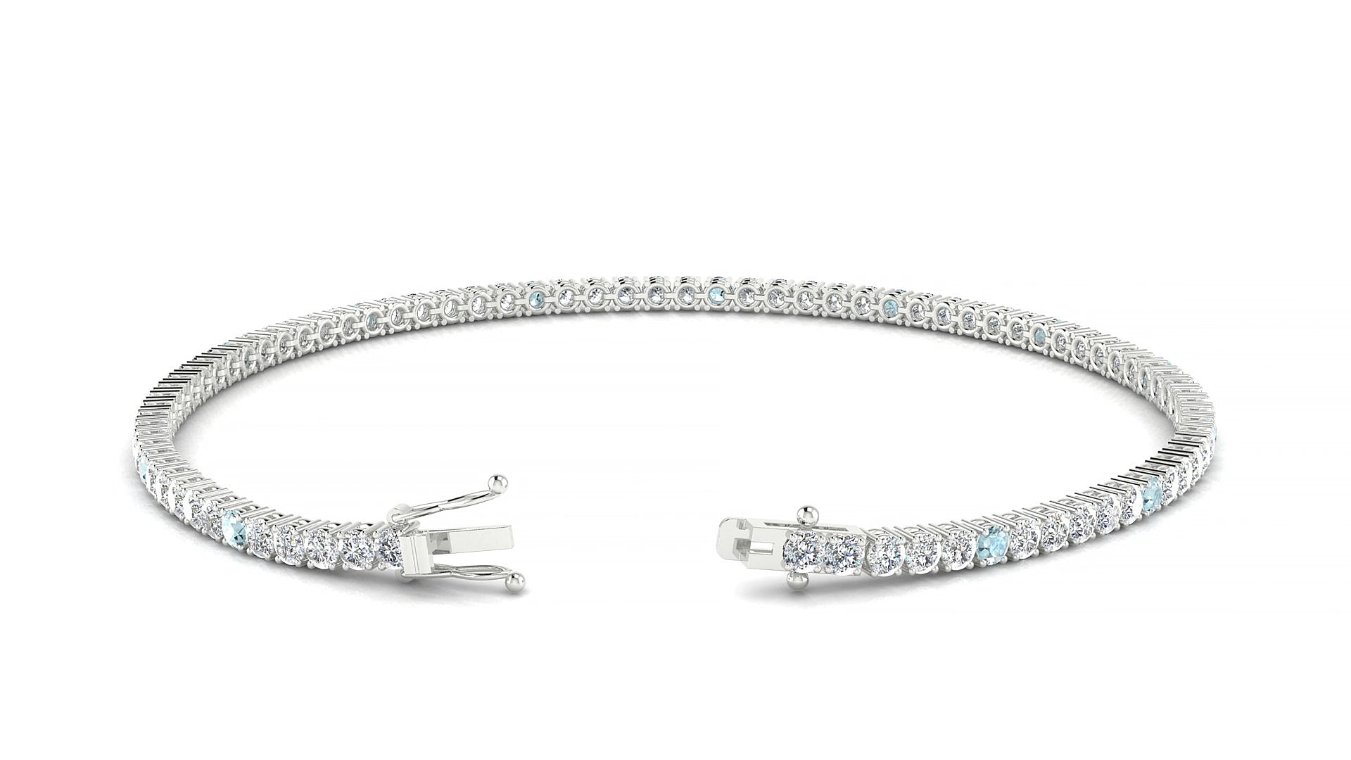 Capri 1-5 | 18k White Gold 2 mm Round Natural Aquamarine & Diamond 20 cm Tennis Bracelet