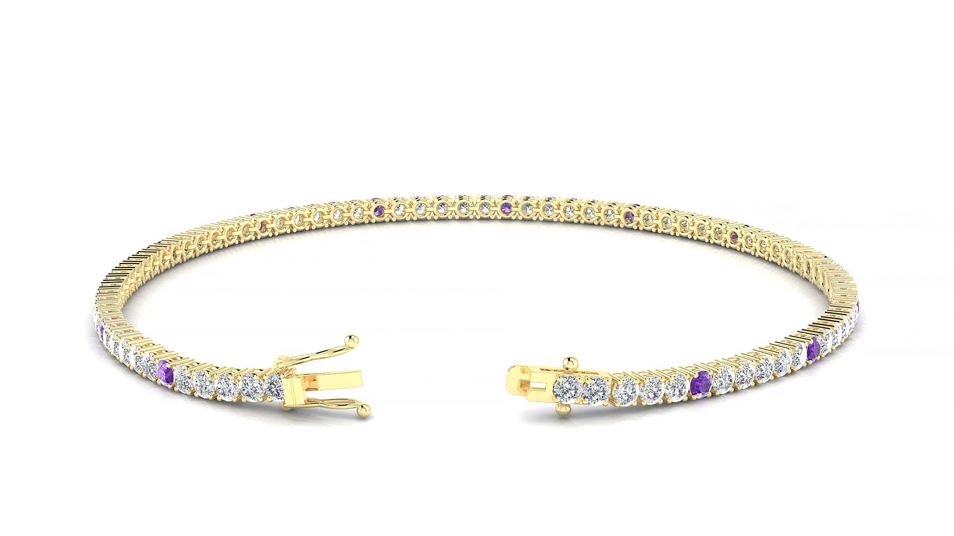 Capri 1-5 | 18k Yellow Gold 2 mm Round Natural Amethyst & Diamond 17 cm Tennis Bracelet