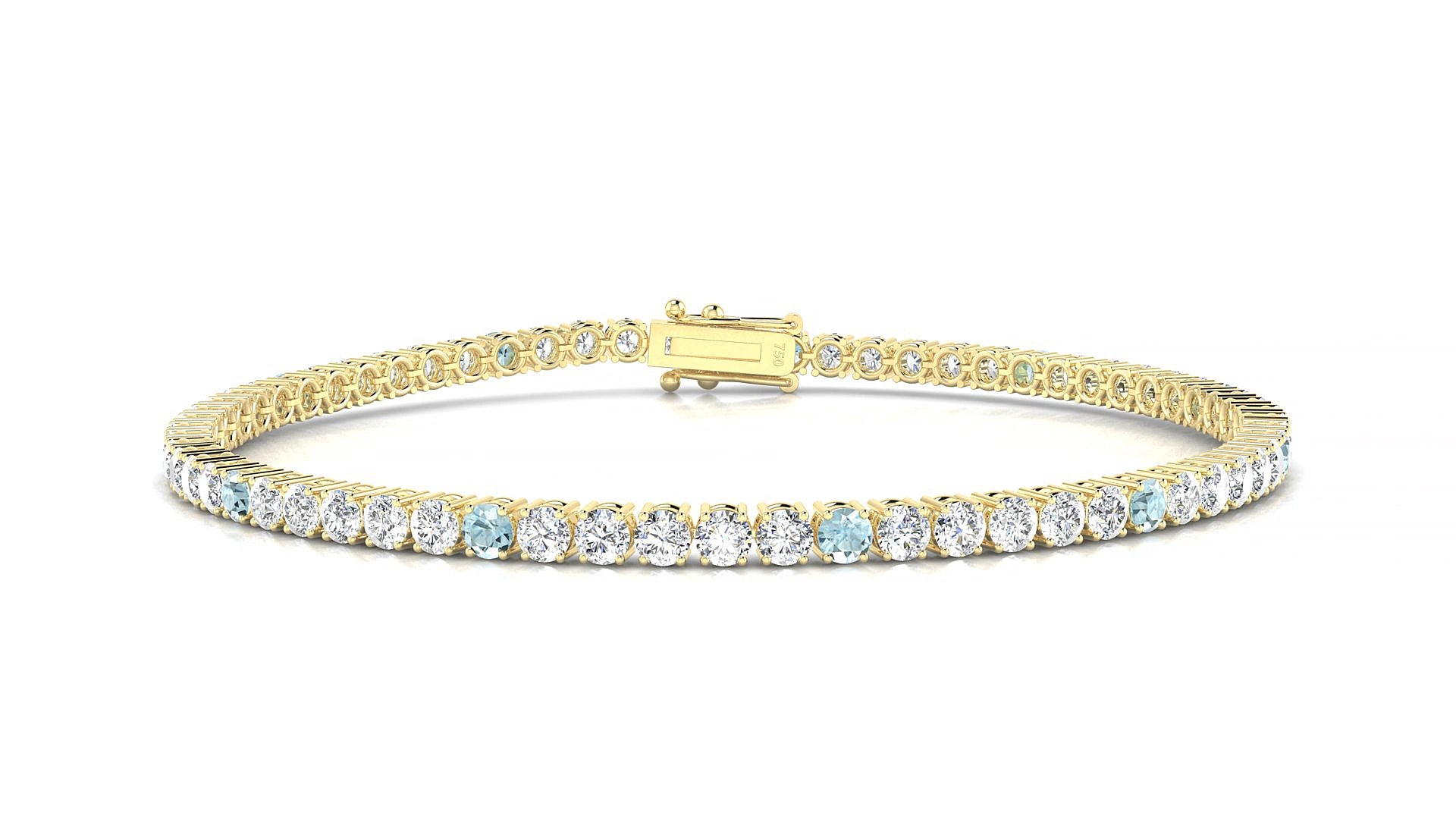 Capri 1-5 | 18k Yellow Gold 2.5 mm Round Natural Aquamarine & Diamond 17 cm Tennis Bracelet