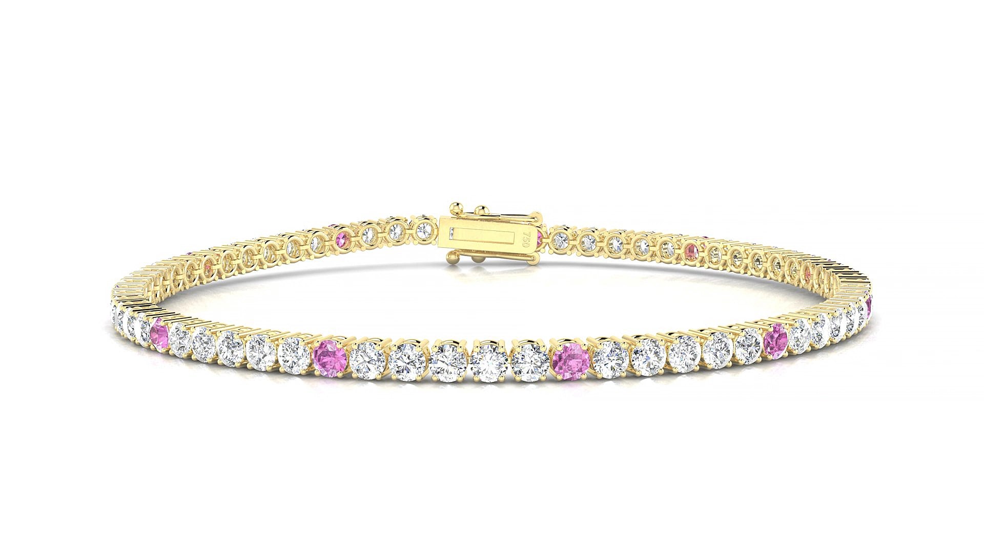 Capri 1-5 | 18k Yellow Gold 2.5 mm Round Natural Pink Sapphire & Diamond 18 cm Tennis Bracelet