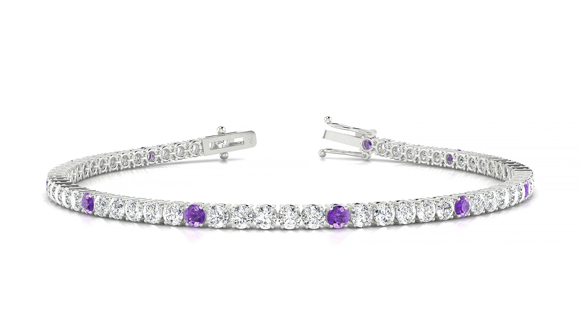 Capri 1-5 | 18k White Gold 2.5 mm Round Natural Amethyst & Diamond 16 cm Tennis Bracelet