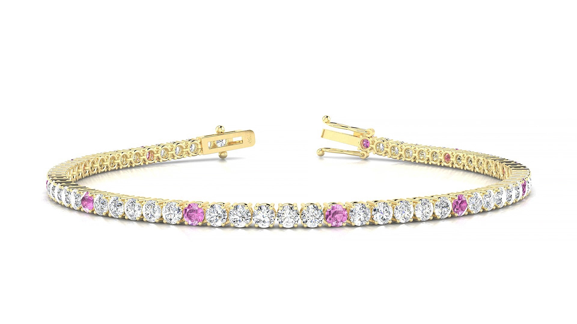 Capri 1-5 | 18k Yellow Gold 2.5 mm Round Natural Pink Sapphire & Diamond 15 cm Tennis Bracelet