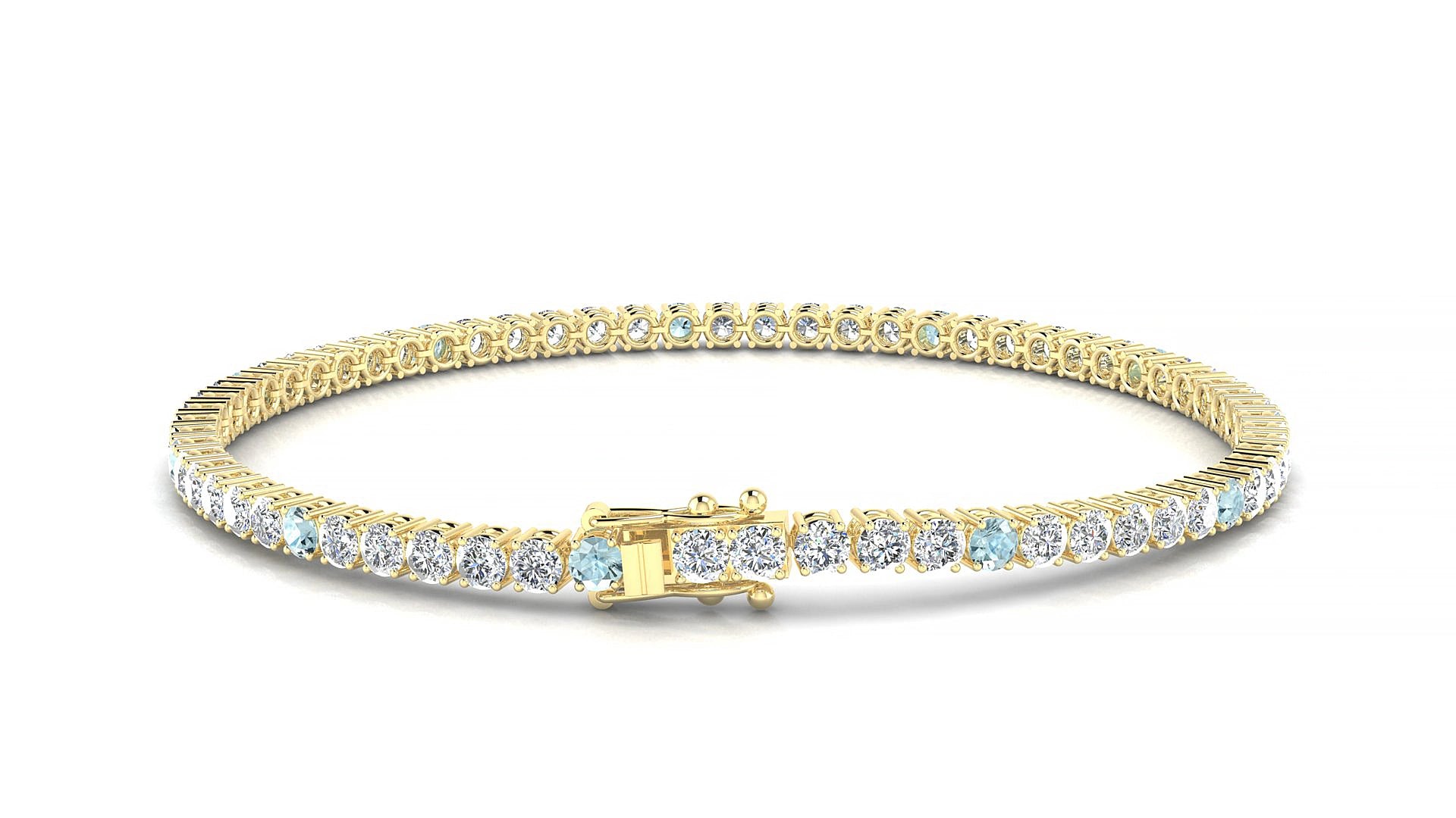 Capri 1-5 | 18k Yellow Gold 2.5 mm Round Natural Aquamarine & Diamond 15 cm Tennis Bracelet